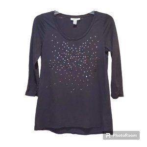 Style & Co Black Sequin Beaded Top Ruched Sleeve Sz M